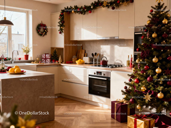 Modern kitchen warmly decorated for Christmas celebration