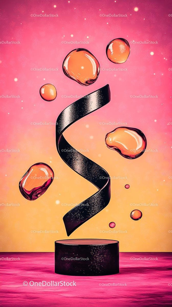 Abstract Spiral Sculpture with Floating Rocks in Vibrant Pink Background