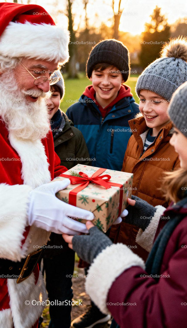 Santa Claus Sharing Christmas Gift with Smiling Children