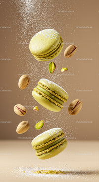 Green Pistachio Macarons with Powdered Sugar Sprinkle