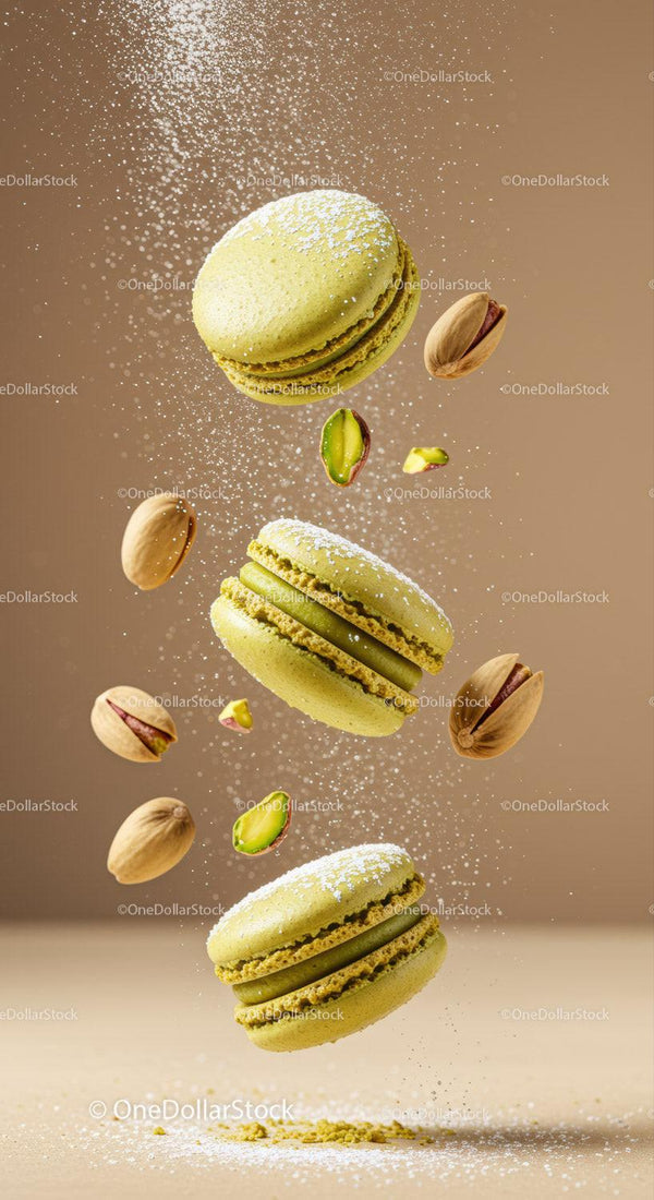 Green Pistachio Macarons with Powdered Sugar Sprinkle