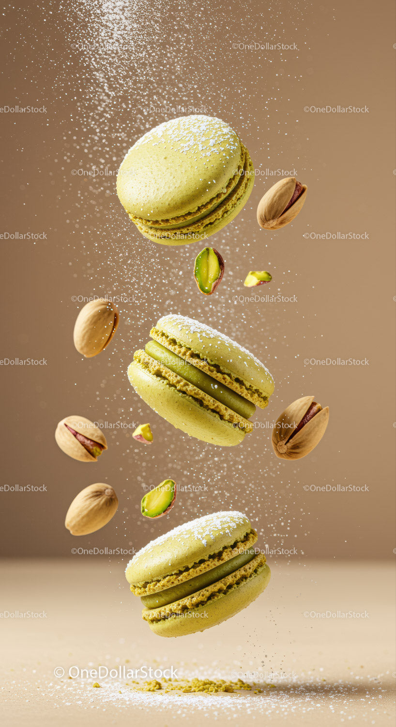 Zielone makaroniki pistacjowe posypane cukrem pudrem