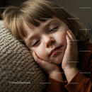 Peaceful toddler resting on soft knitted pillow