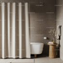 Minimalist Bathroom with Beige Shower Curtain and Wooden Side Table