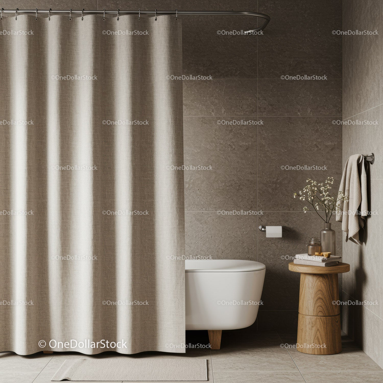 Minimalist Bathroom with Beige Shower Curtain and Wooden Side Table