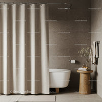 Minimalist Bathroom with Beige Shower Curtain and Wooden Side Table