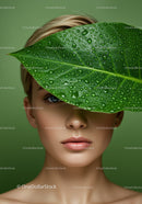 Elegant Woman Covering One Eye with Leaf Featuring Water Droplets