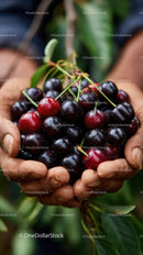 Close-up of Ripe Cherries in Hands with Green Foliage Background