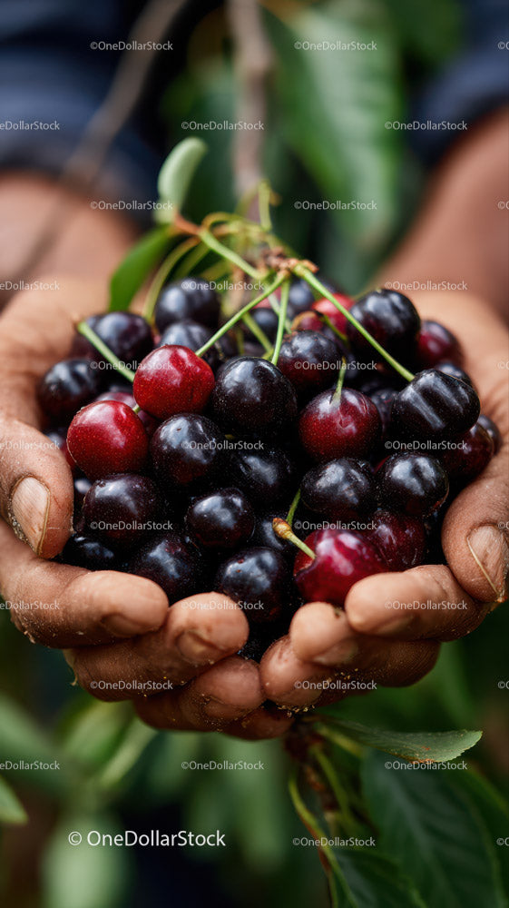 Close-up of Ripe Cherries in Hands with Green Foliage Background