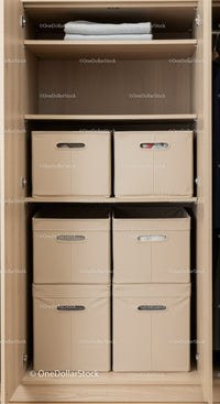 Closet with Beige Fabric Storage Bins and Wooden Shelving for Organization