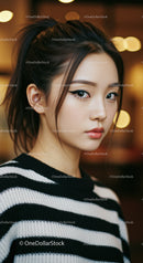 Elegant Young Woman with Bold Eye Makeup in Stylish Striped Sweater
