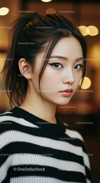 Elegant Young Woman with Bold Eye Makeup in Stylish Striped Sweater
