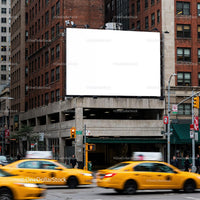 Yellow taxis driving past blank billboard in urban street JPG Mockup Image preview