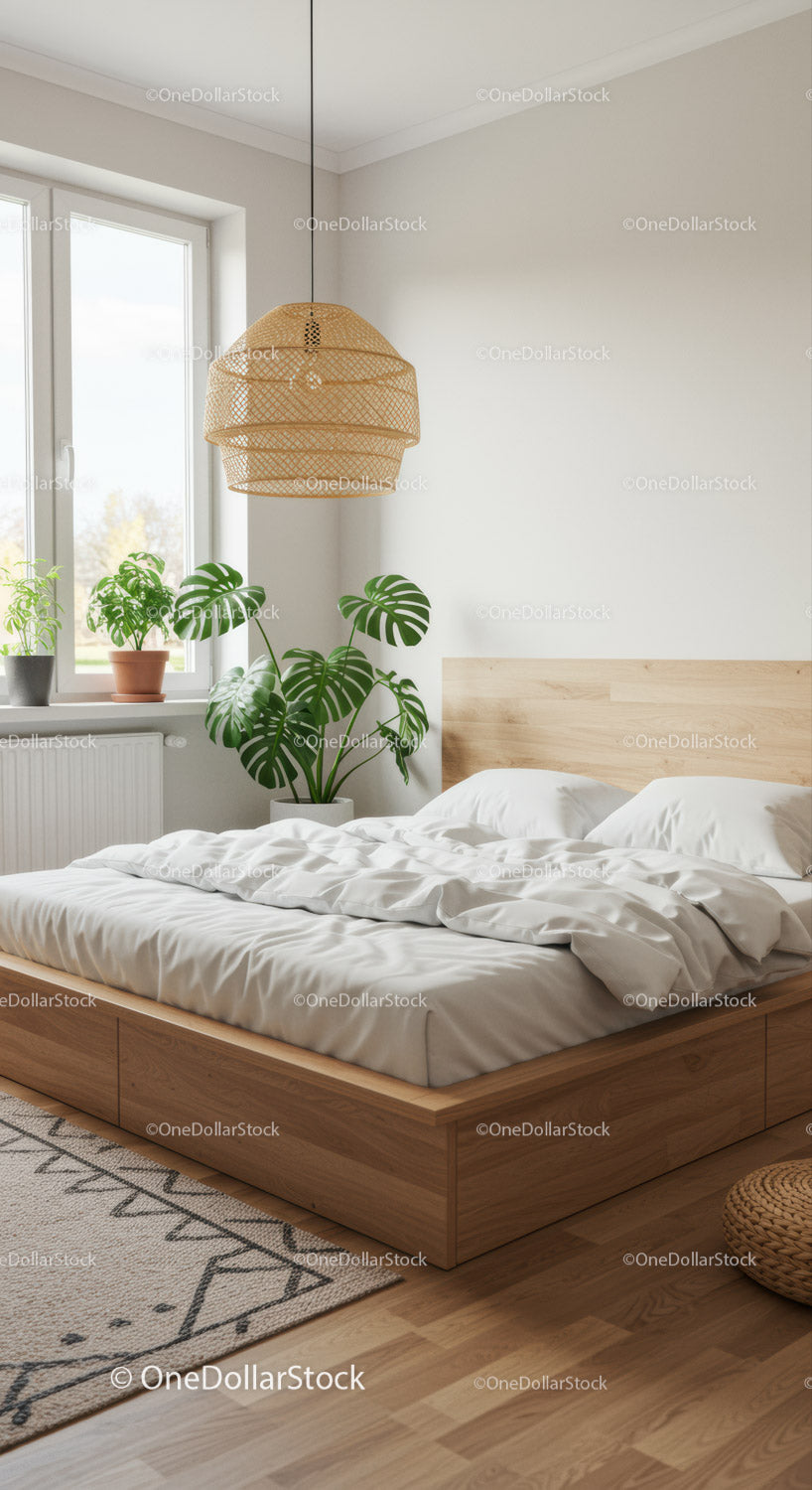 Minimalistyczna sypialnia z naturalnym światłem i przytulnym wystrojem