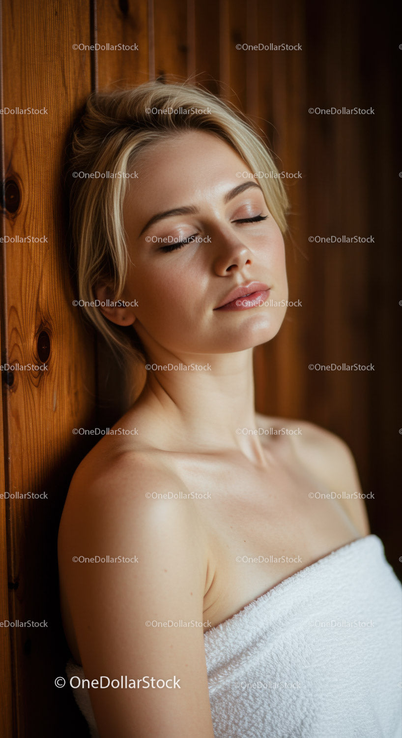Young Woman Relaxing with Towel and Calm Expression in Spa