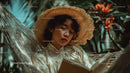 Woman Relaxing in Tropical Garden with Straw Hat and Book