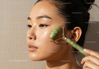 Young Woman Using Jade Facial Roller for Skincare and Relaxation
