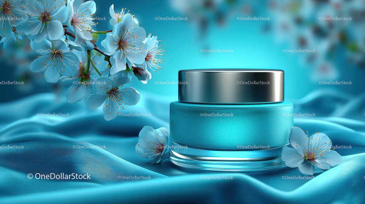 Refreshing Cosmetic Jar with Cherry Blossoms on Blue Silk
