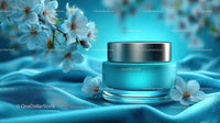 Refreshing Cosmetic Jar with Cherry Blossoms on Blue Silk