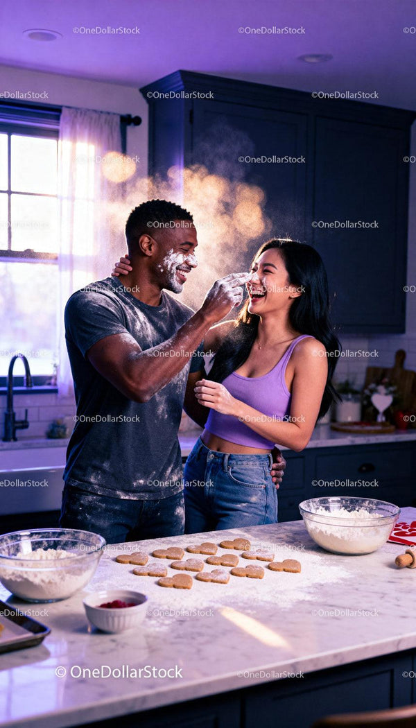 Couple playfully baking heart cookies in cozy kitchen