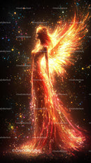 Fiery Winged Angel in Cosmic Sparkles Fantasy Scene