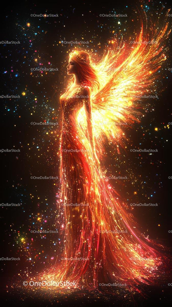 Fiery Winged Angel in Cosmic Sparkles Fantasy Scene