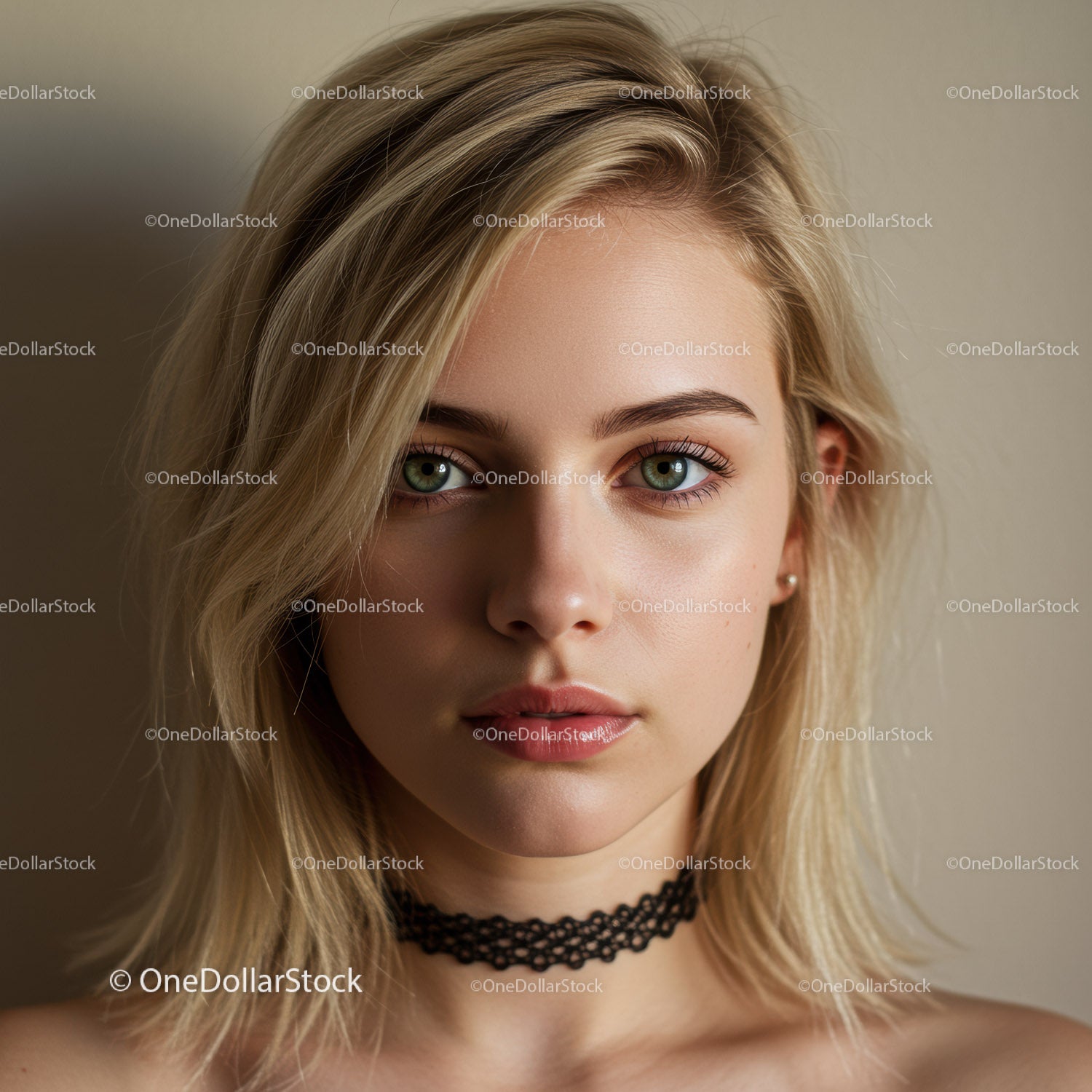 Portret młodej kobiety o blond włosach i zielonych oczach