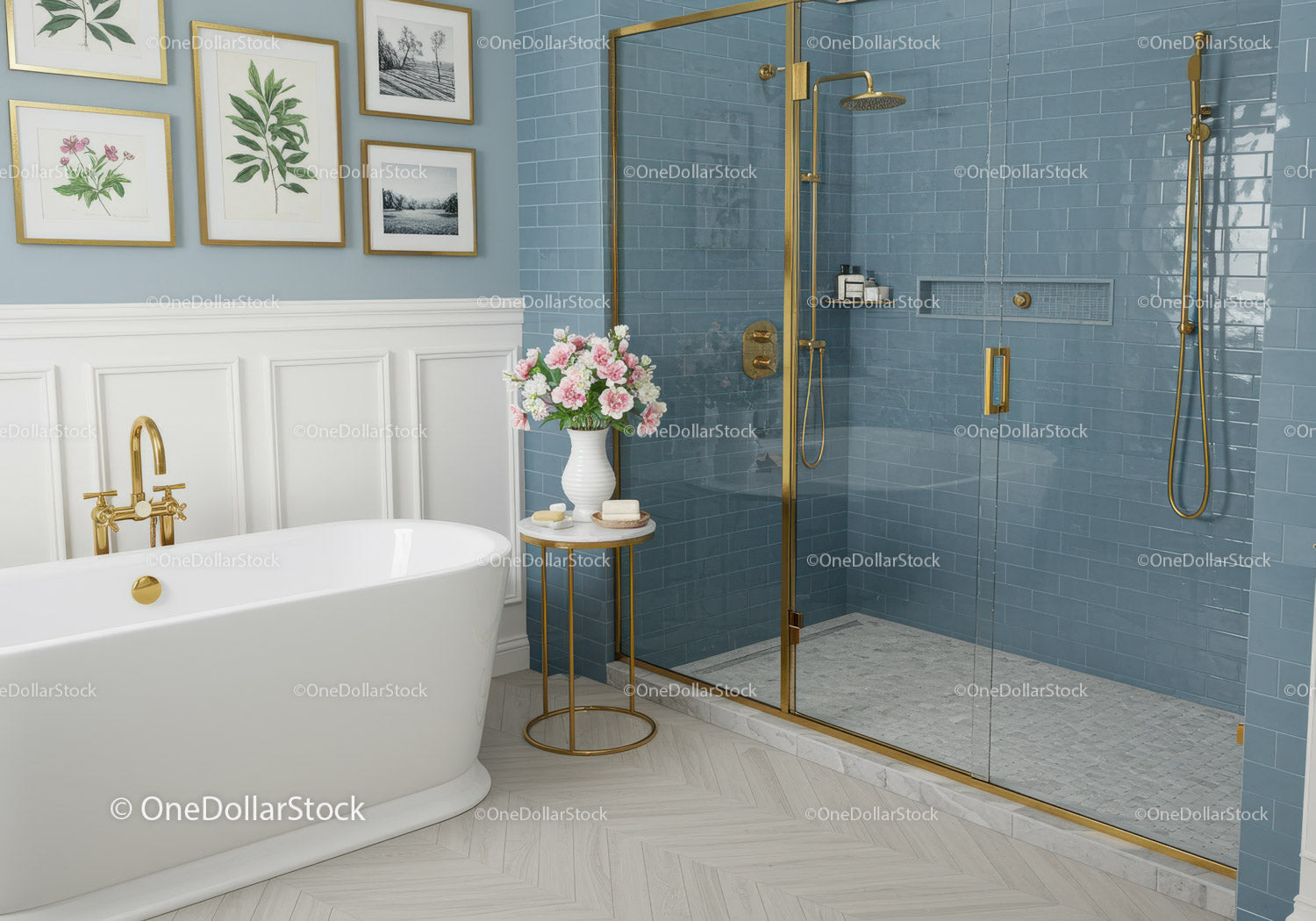 Elegant Bathroom with Freestanding Tub and Gold Fixtures