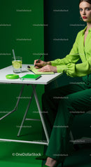 Stylish Woman in Green with Refreshing Drink in Modern Workspace