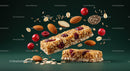 Healthy granola bars with nuts and red berries floating