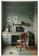 Stylish Green Home Office with Wooden Desk and Cozy Decor
