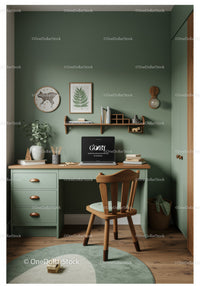 Stylish Green Home Office with Wooden Desk and Cozy Decor