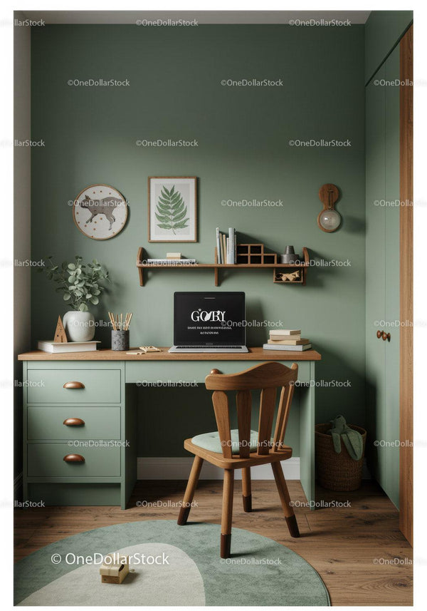 Stylish Green Home Office with Wooden Desk and Cozy Decor
