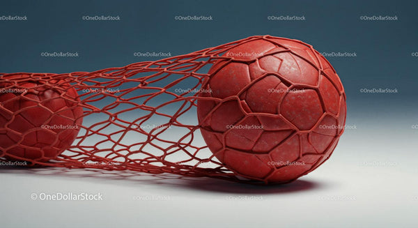 Red Soccer Ball Partially Inside a Goal Net on a Sports Field