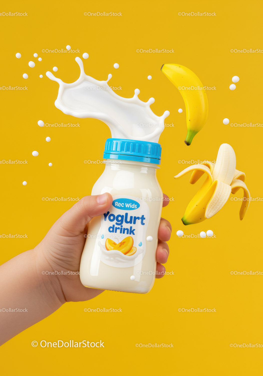 Child Holding Yogurt Drink with Fresh Bananas Splash