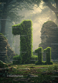 Lush Green Ivy Covering Large Number One in Ancient Forest