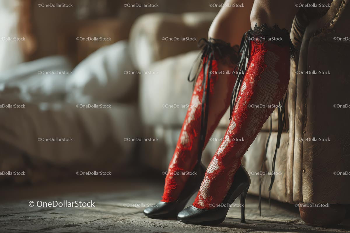 Chic Black Heels and a Red Lace Dress in a Cozy Bedroom Setting