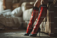 Chic Black Heels and a Red Lace Dress in a Cozy Bedroom Setting
