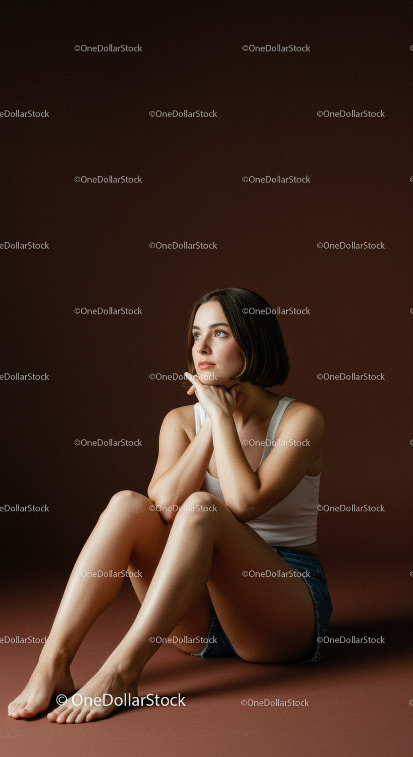 Portret zamyślonej młodej kobiety w swobodnym stroju na tle studia