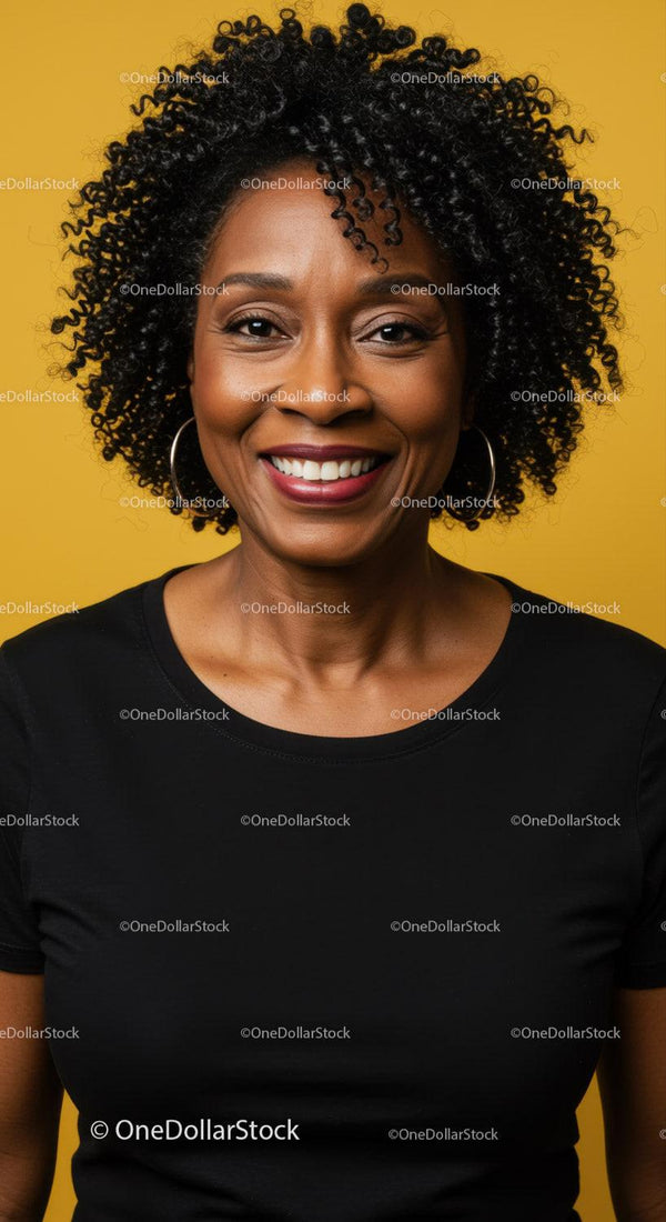 Confident Smiling Woman Portrait with Curly Hair and Vibrant Yellow Background