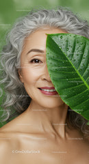 Happy Elderly Woman with Gray Hair and Green Leaf in Natural Setting