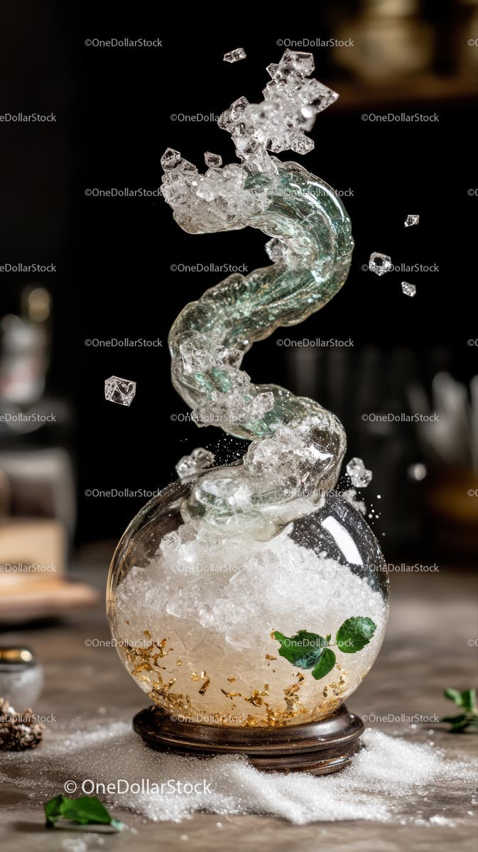 Elegant Ice Sculpture with Melting Cascade on Wooden Base