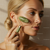 Young Woman Using Jade Roller for Facial Skin Care and Rejuvenation