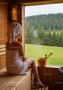 Woman Relaxing in Wooden Sauna with Steam and Scenic Forest View