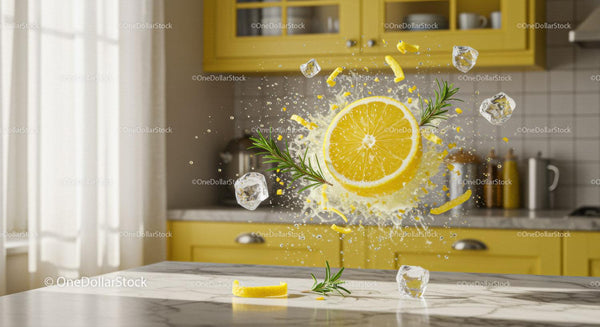 Fresh lemon splash with ice and herbs in bright kitchen