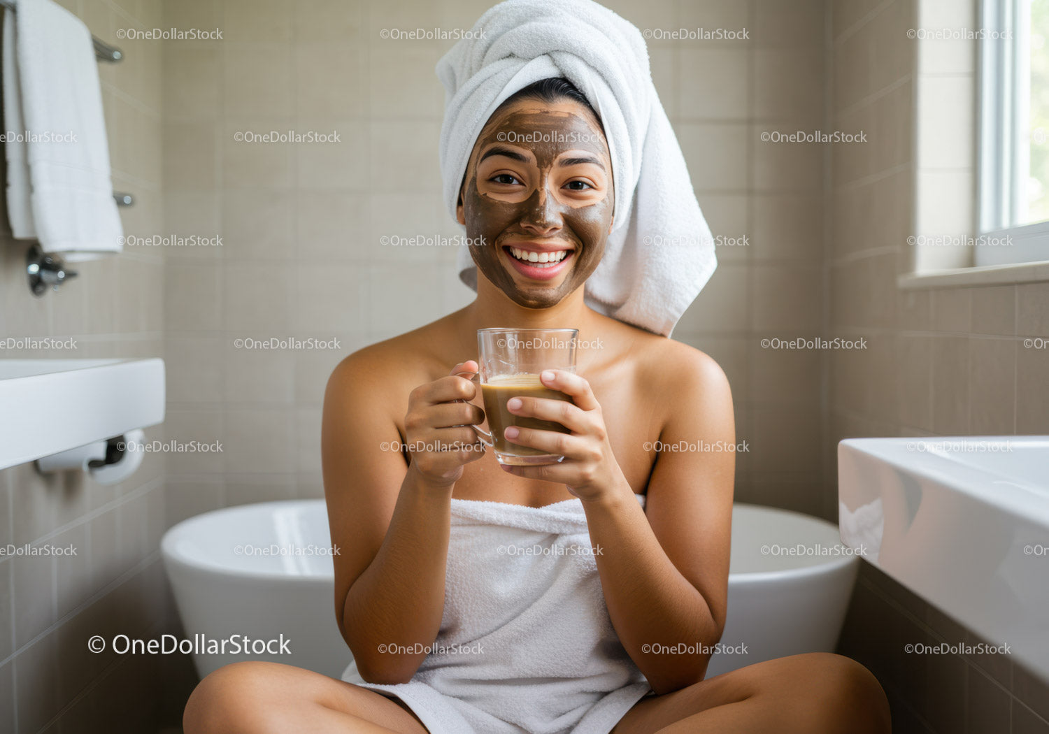 Happy Woman with Facial Mask Drinking Coffee in Bathroom