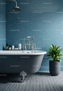Elegant clawfoot bathtub with blue tiled bathroom interior