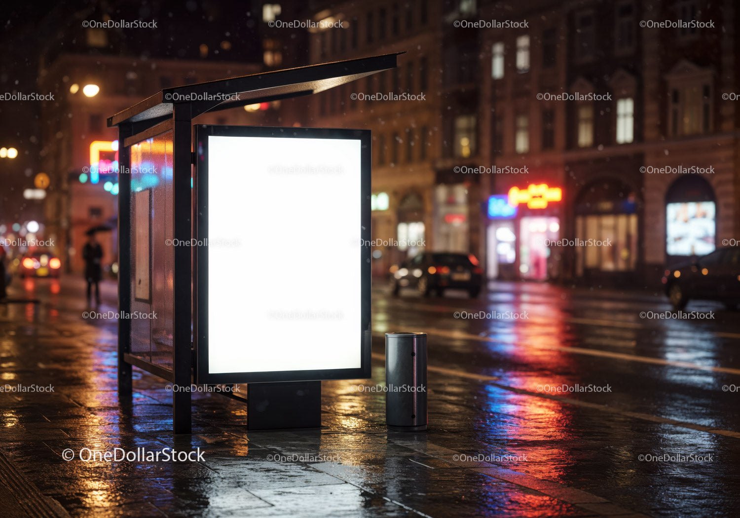 Night City Street with Rain Reflections and Illuminated Advertising