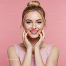 Bright Portrait of Smiling Blonde Woman with Blue Eyes on Pink Background
