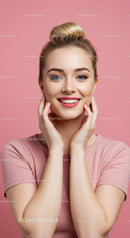 Bright Cheerful Woman with Blonde Hair in a Pink Top on Pink Background